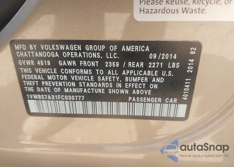 2015 Volkswagen Passat 1.8T Se из США, поврежденный, VIN 1VWBS7A31FC030777